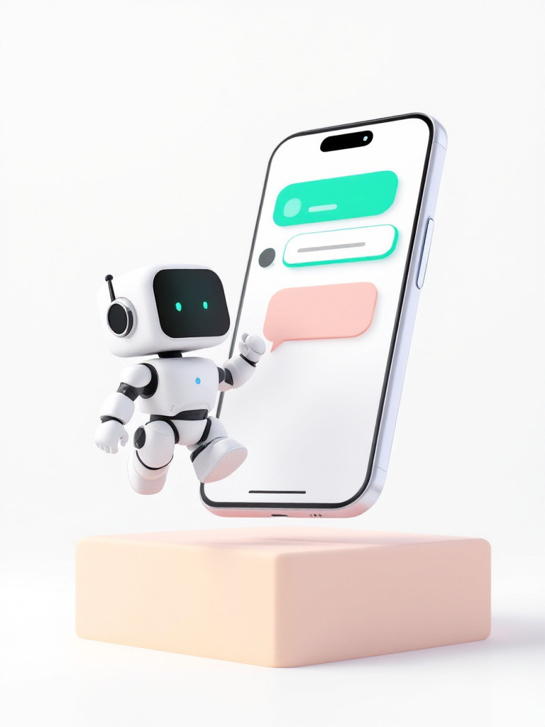 Ilustración 3D de un teléfono con una conversación de chat y un asistente robot